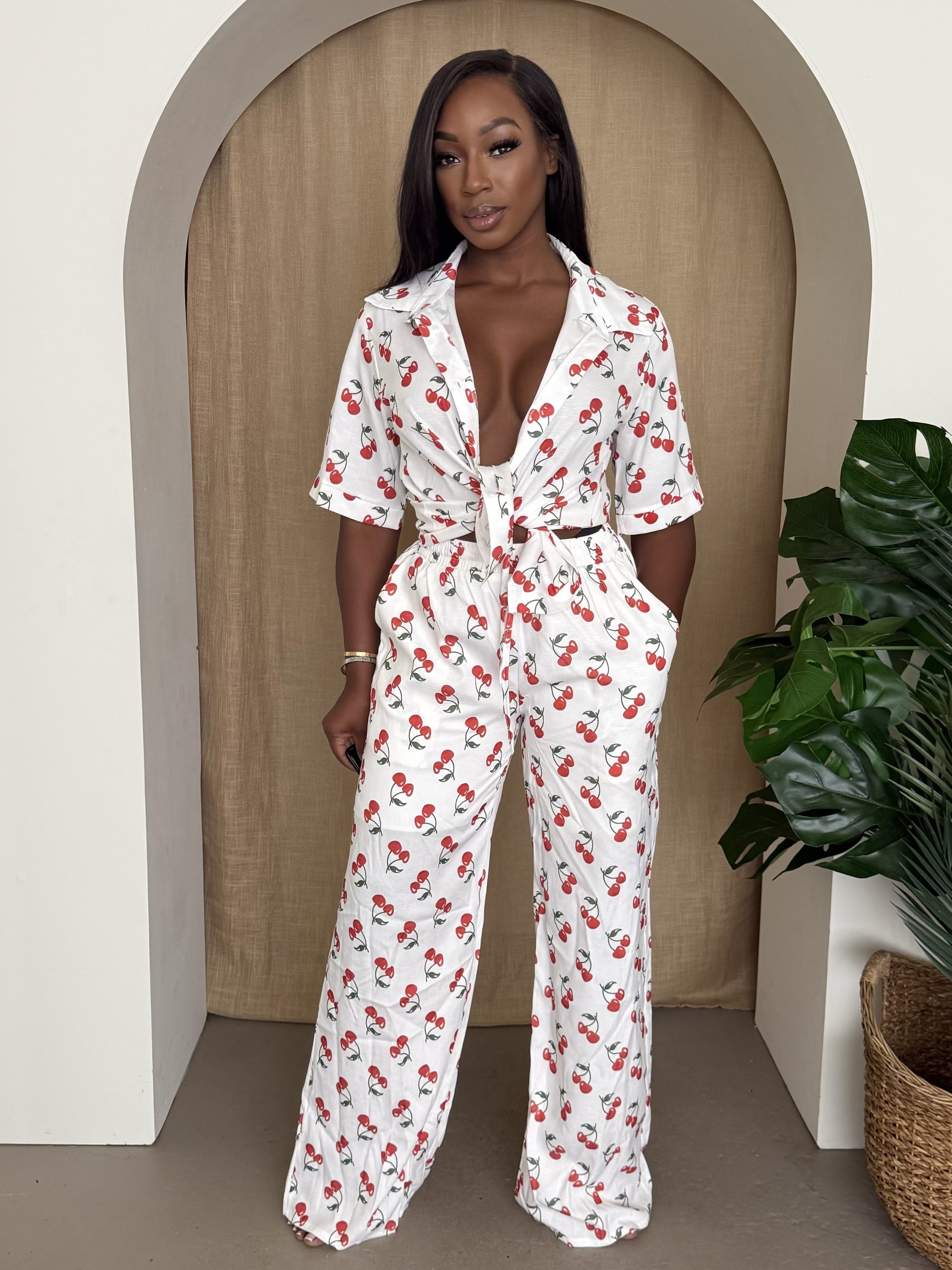 Cherry Bliss – White Two-Piece Tie-Front Shirt and Wide-Leg Pants Set for Playful Resort Style