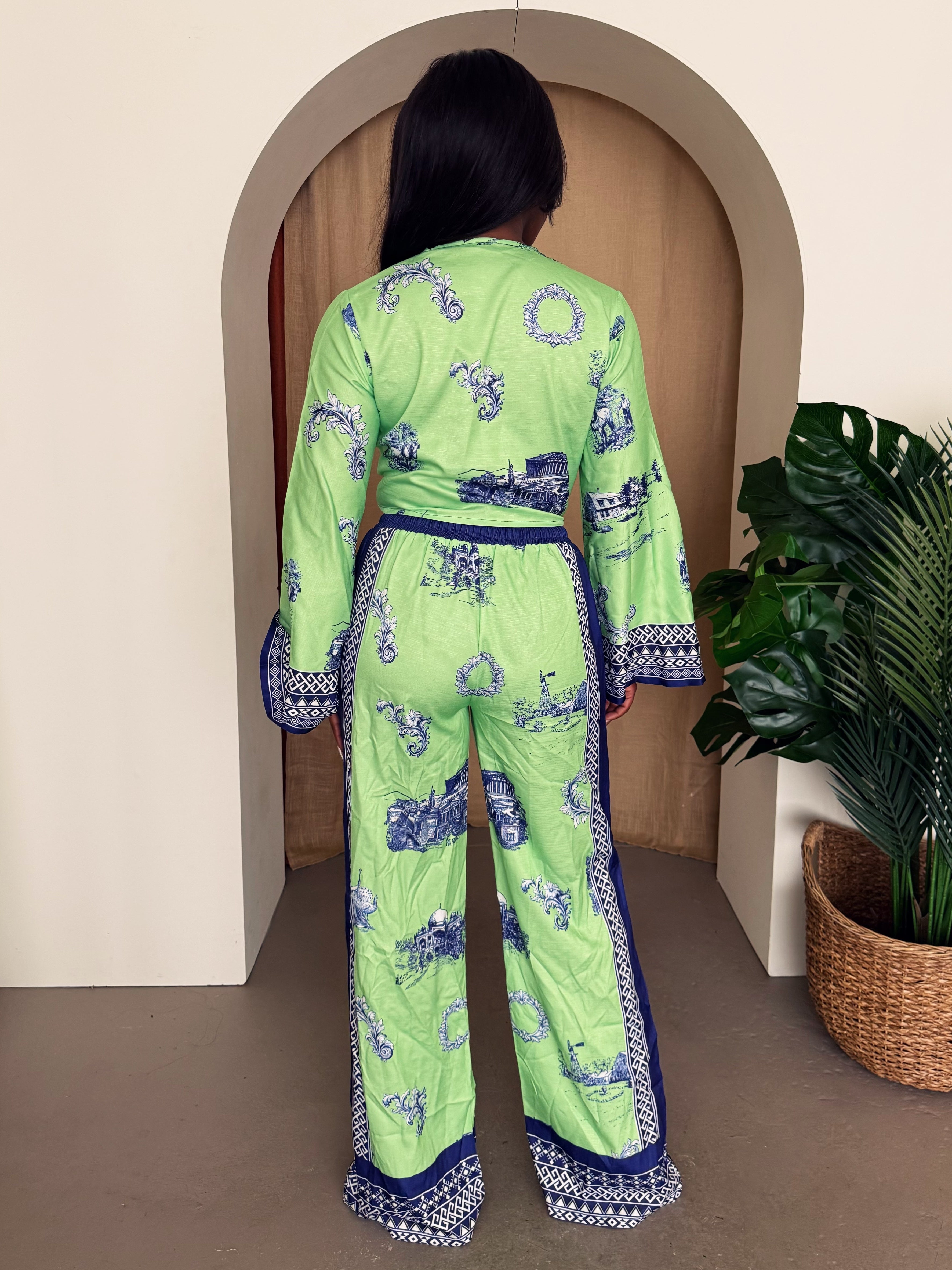 Chic Breezy – Green and Blue Scenic Print Two-Piece Set for Resort Getaways