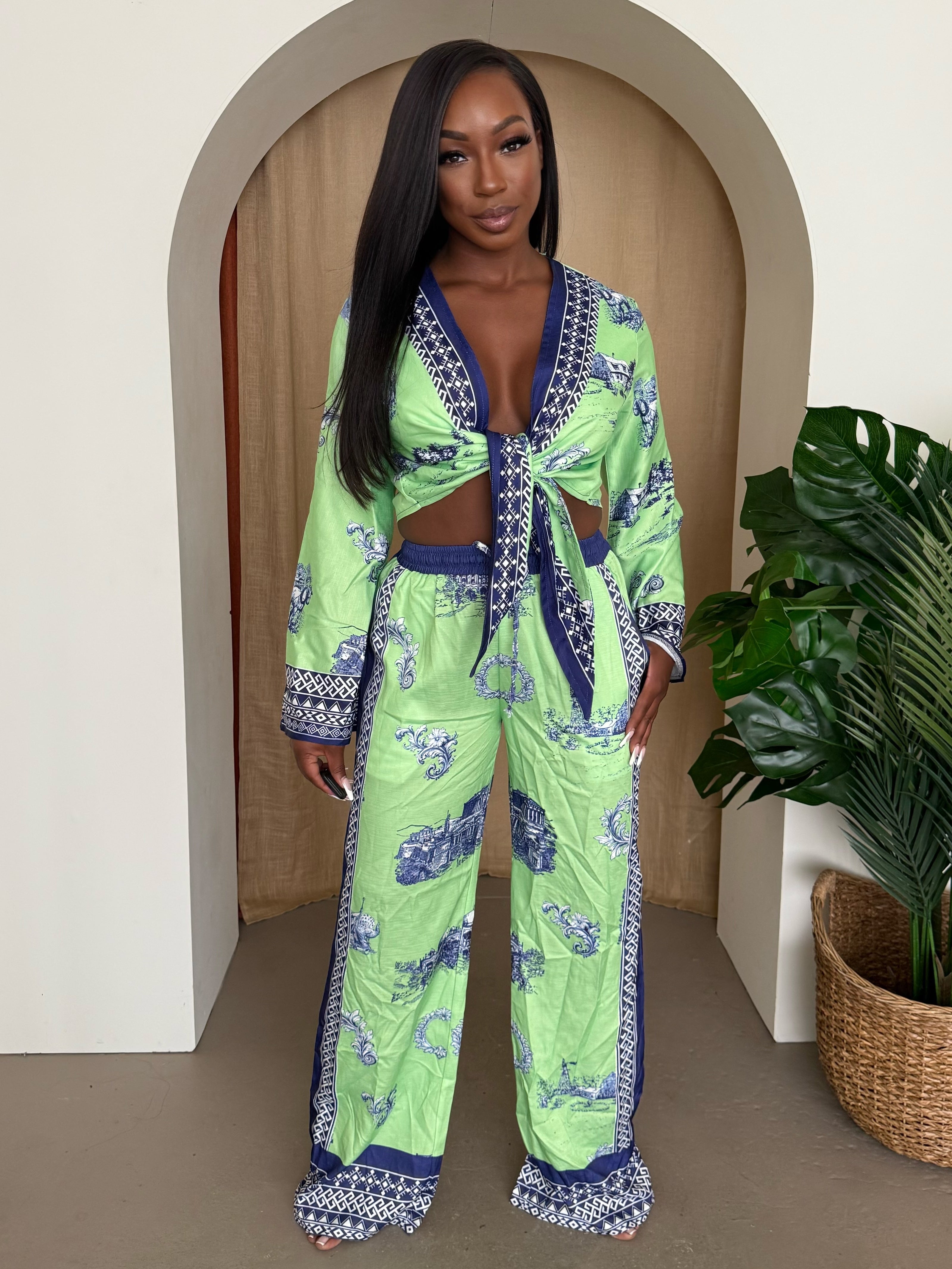 Chic Breezy – Green and Blue Scenic Print Two-Piece Set for Resort Getaways