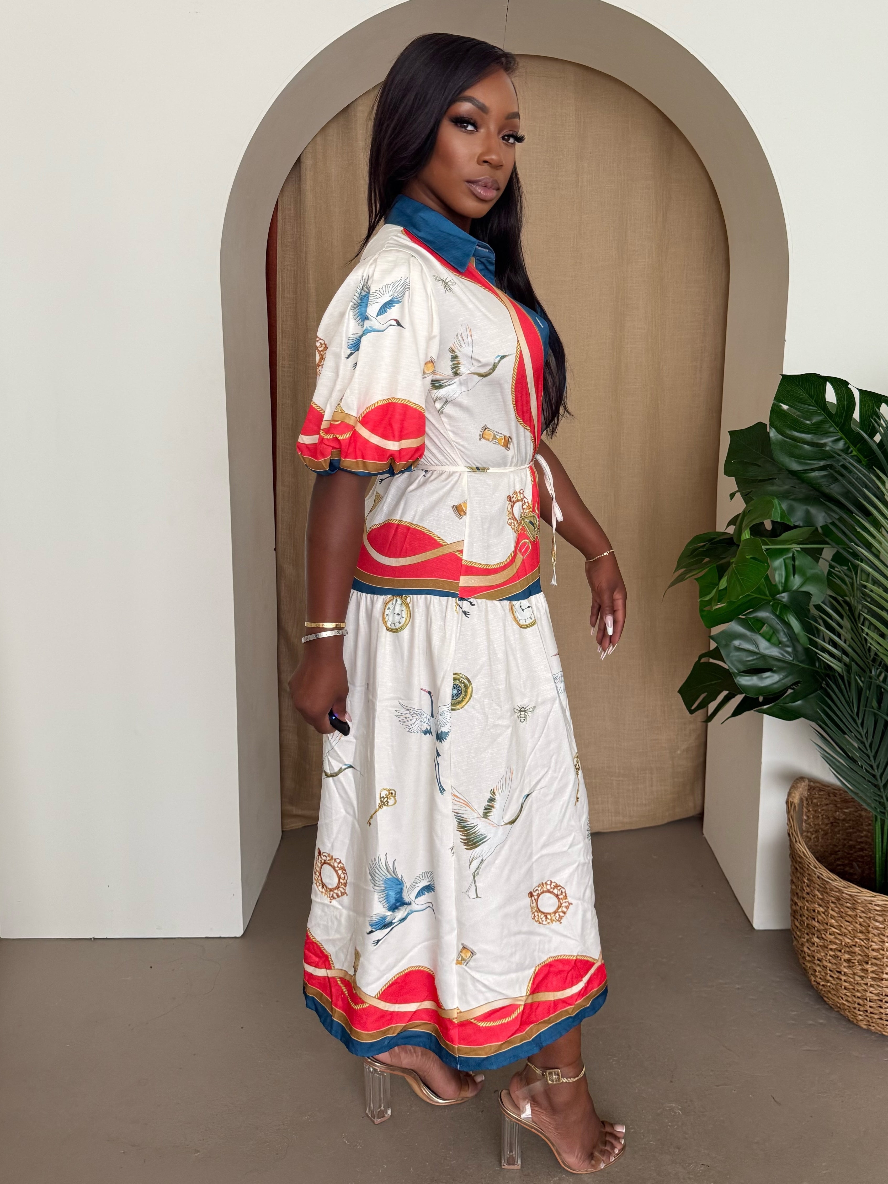 Resort Chic – White and Red Contrast Panel Shirt Dress with Artistic Crane Motif