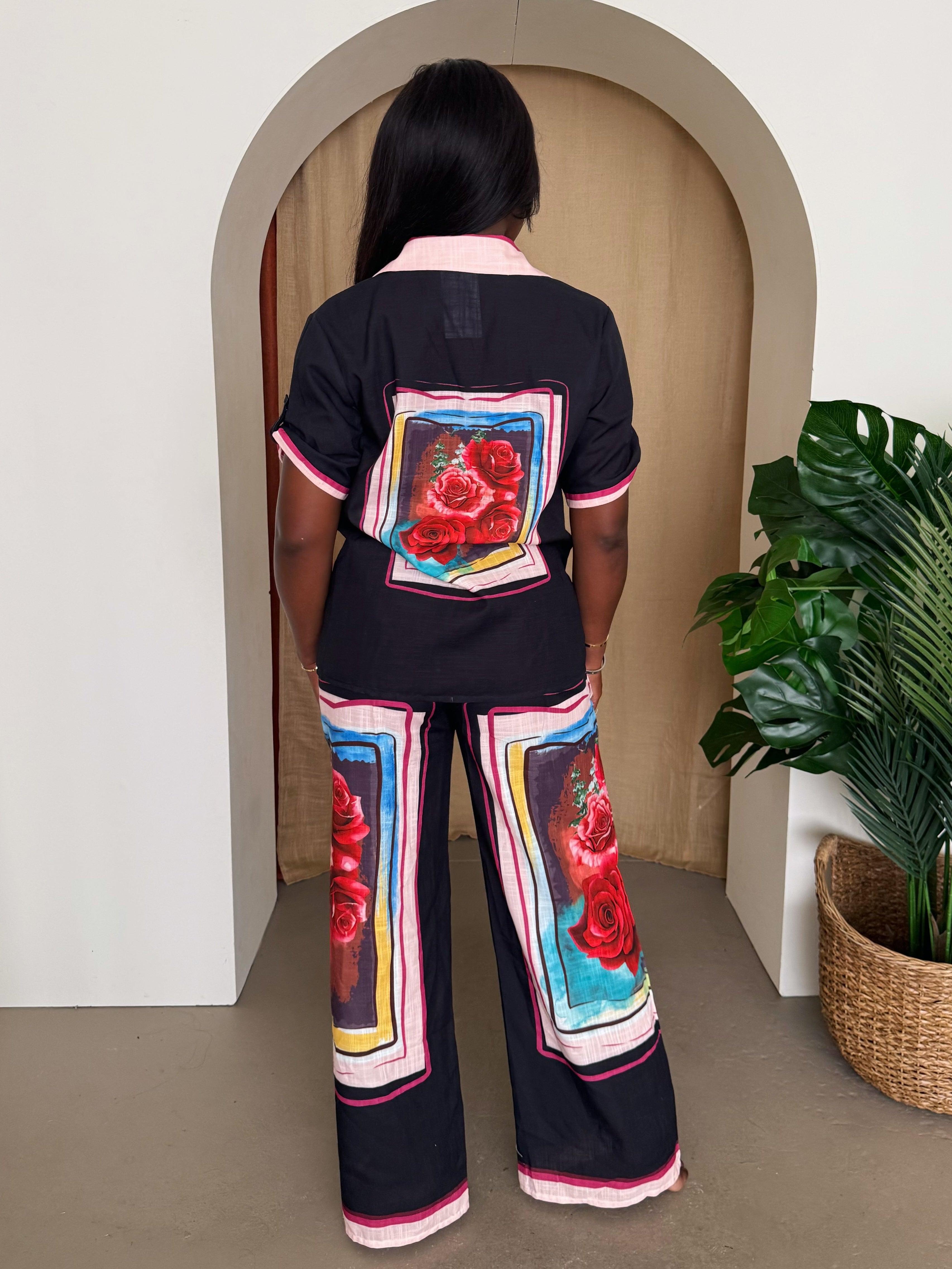 Dark Romance – Rose-Adorned Button-Down Shirt and Palazzo Pants for Chic Evenings