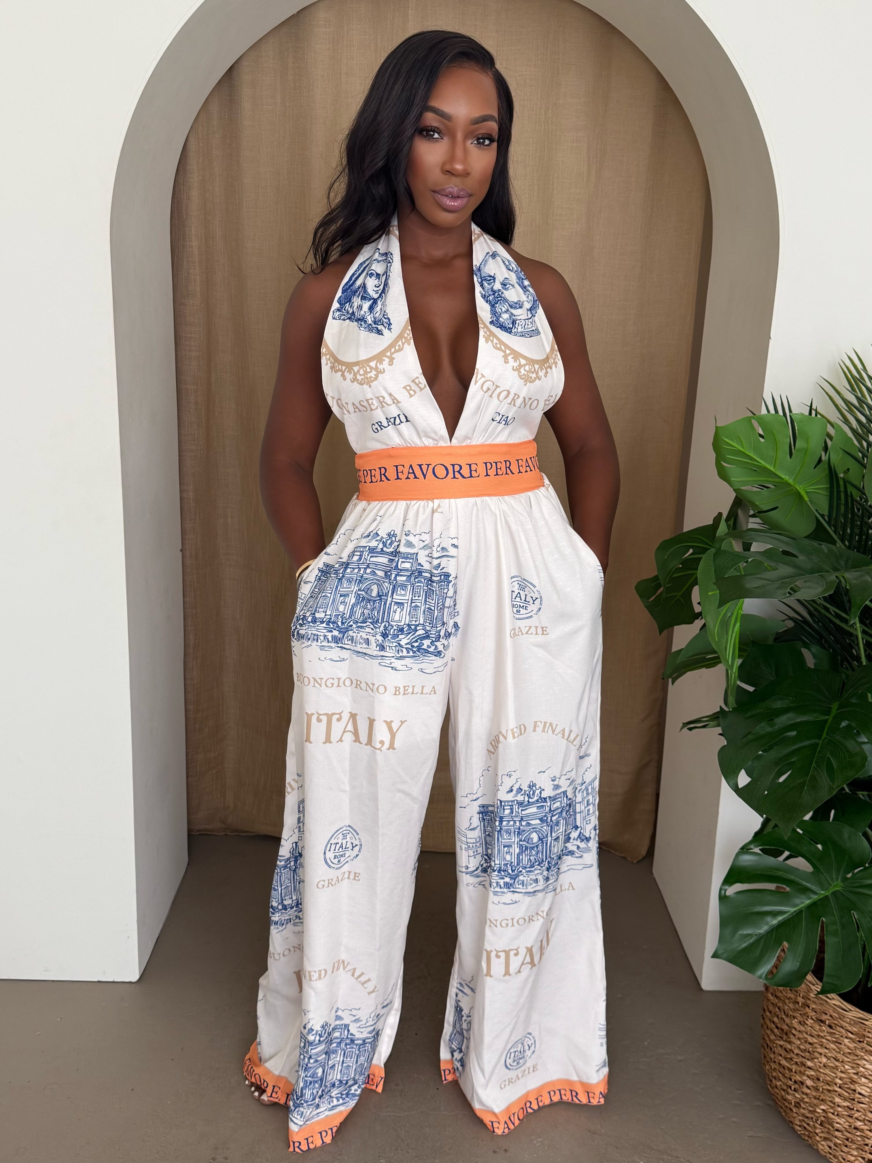 Vintage Italy Print Resort Jumpsuit – Halter Neck & Wide-Leg Style for Vacation Chic