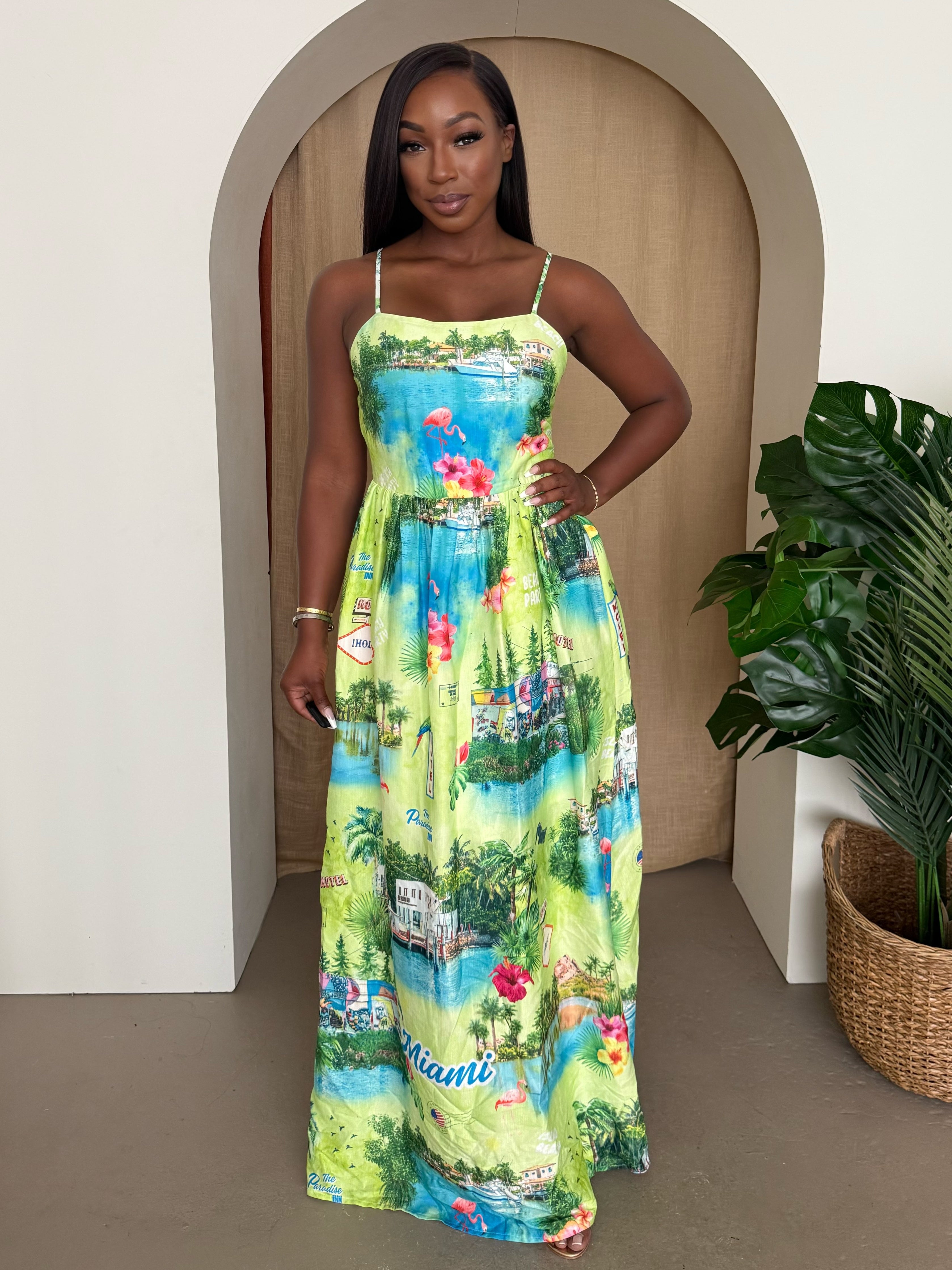 Miami Paradise Resort Maxi Dress – Tropical Scenic Elegance