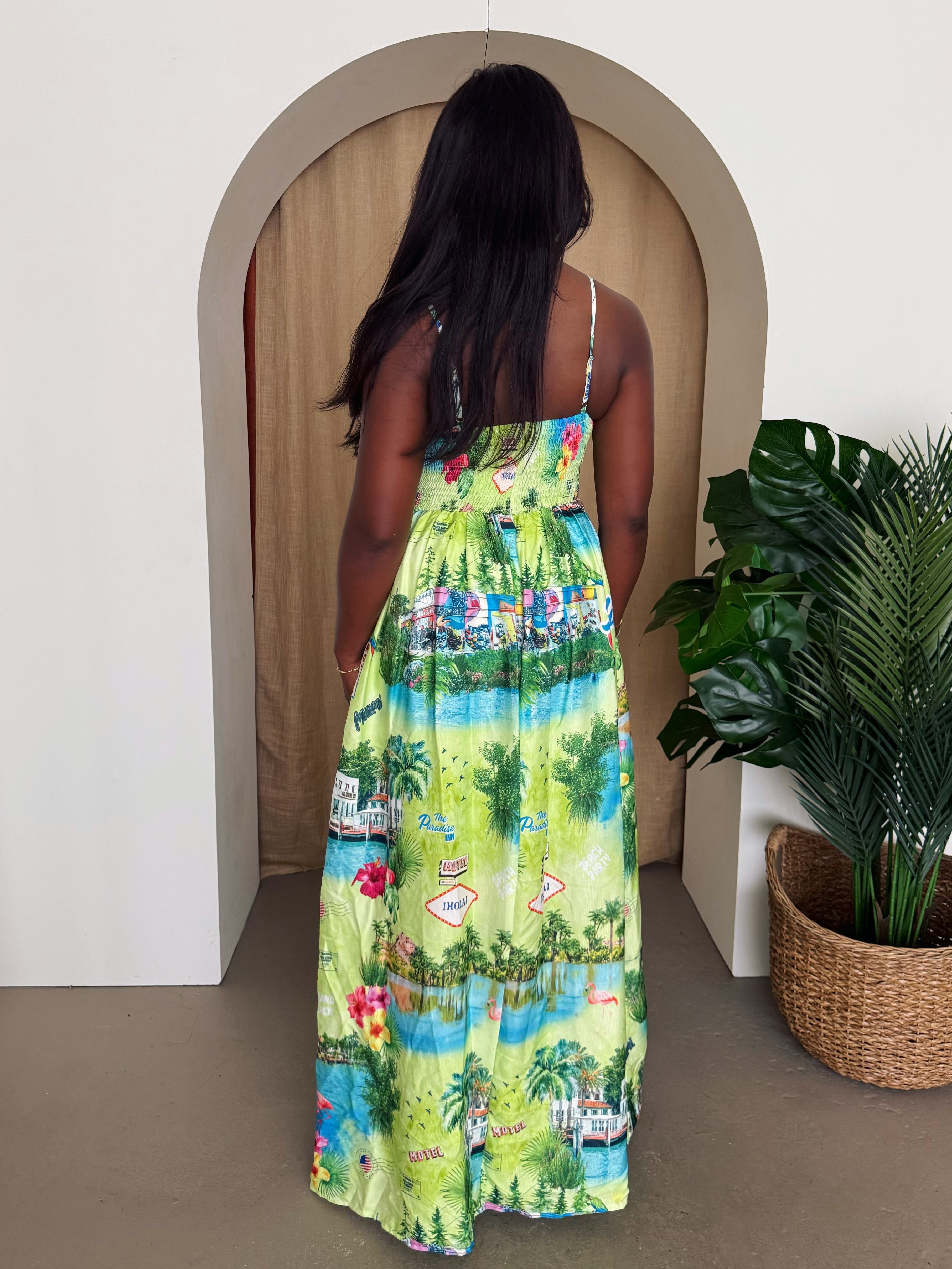 Miami Paradise Resort Maxi Dress – Tropical Scenic Elegance