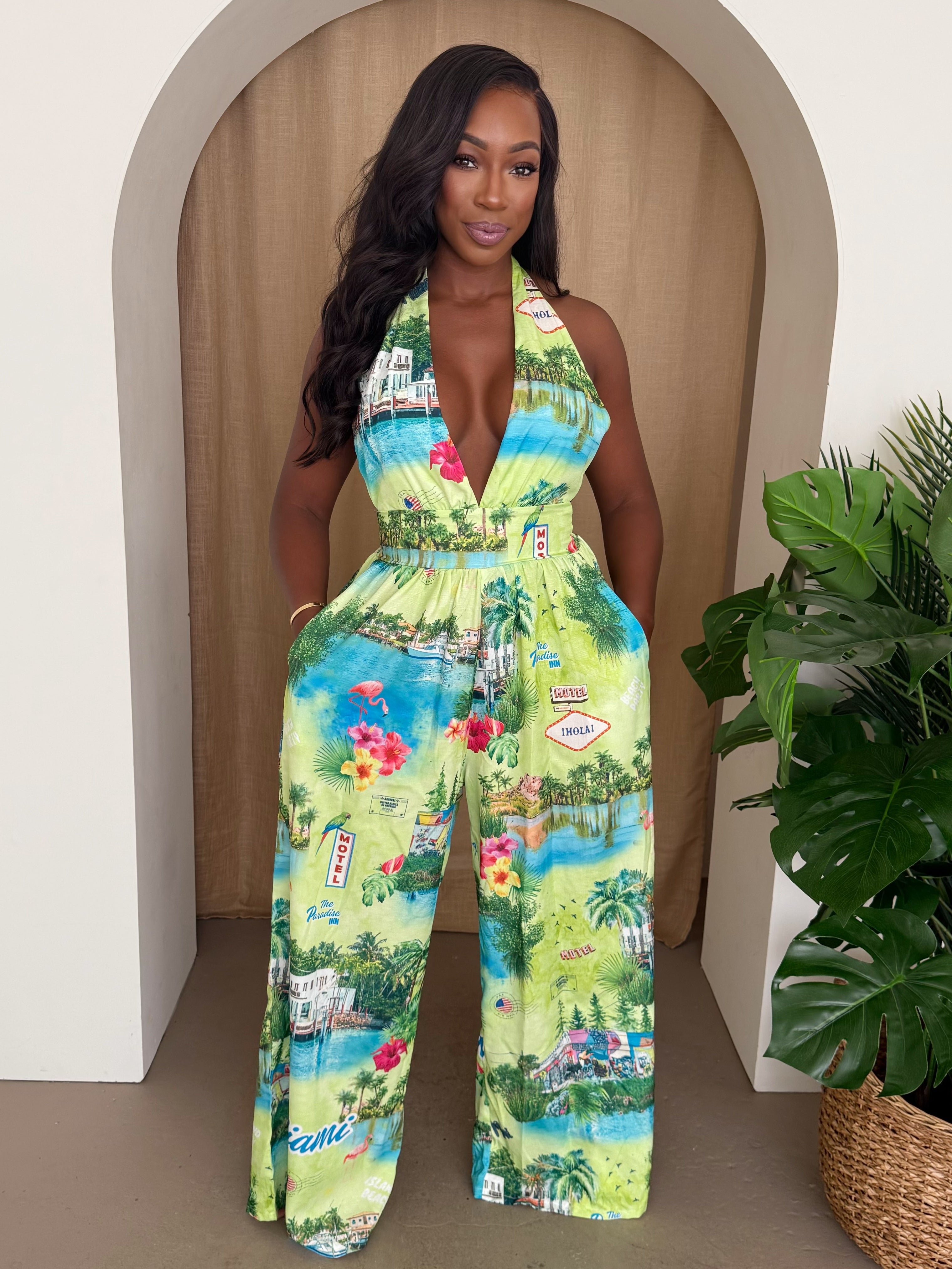Miami Bliss Halter Jumpsuit – Tropical Resort Statement Piece