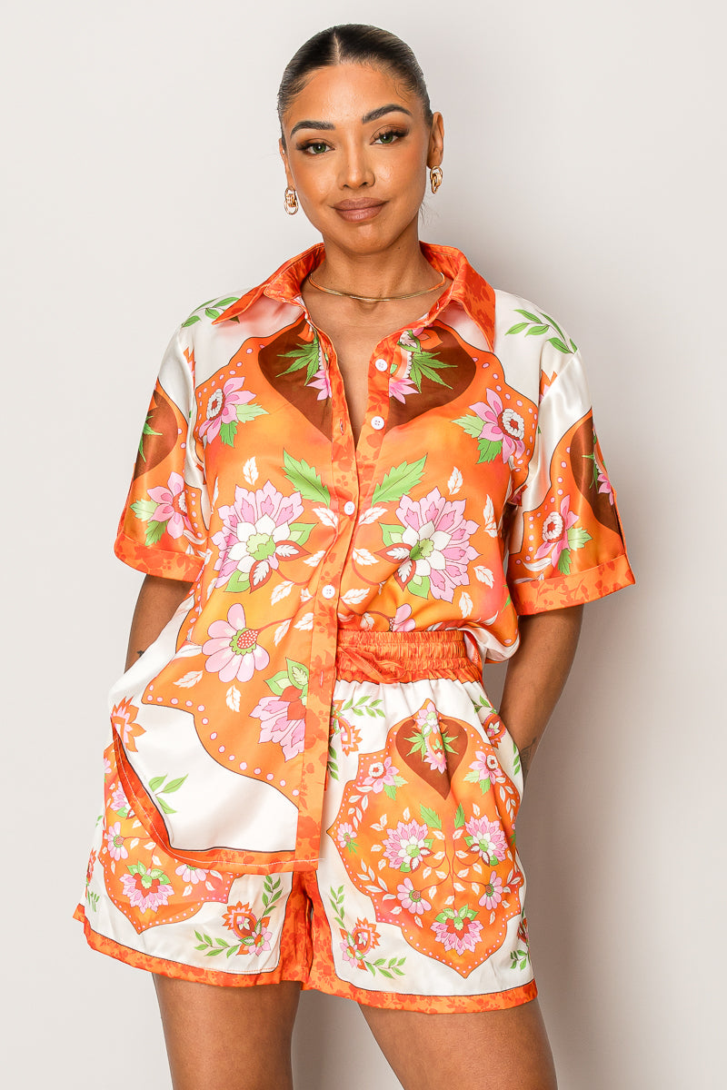 Tropical Bloom Satin Set – Vibrant Orange Floral Matching Outfit