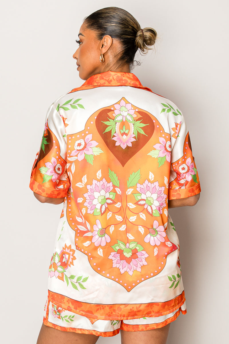 Tropical Bloom Satin Set – Vibrant Orange Floral Matching Outfit