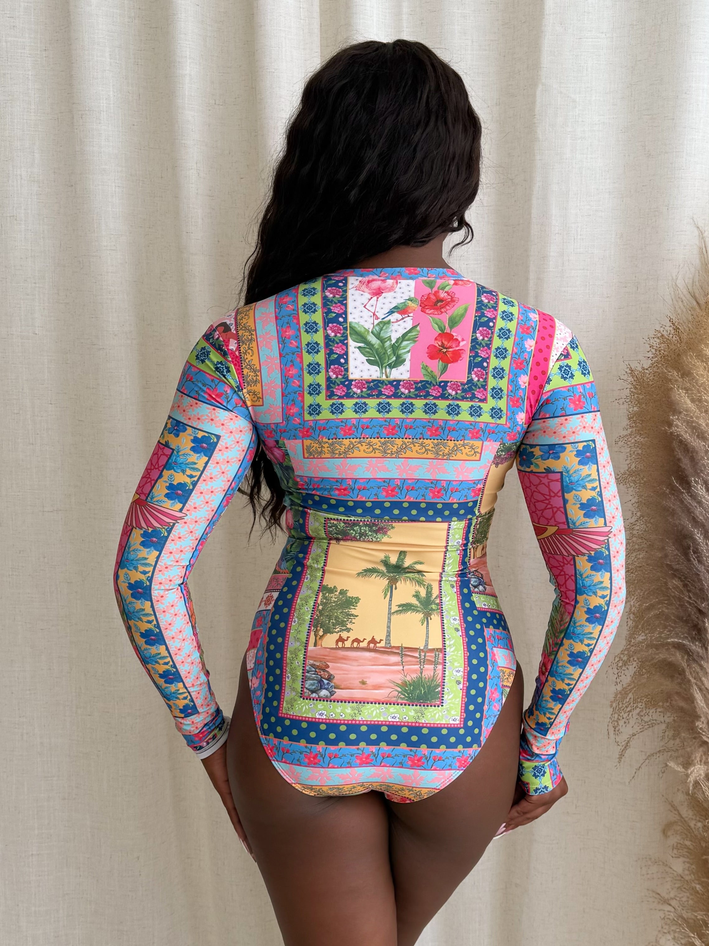 Colorful Patchwork Zip-Up One-Piece Resort Swimsuit – Long Sleeve Rashguard with Tropical and Artistic Mixed Print