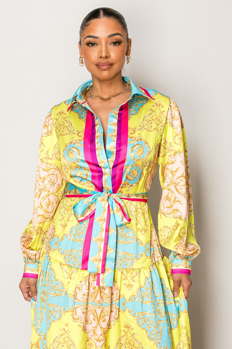 Baroque-Inspired Maxi Shirt Dress with Waist Tie – Regal Yellow & Pink Print for Elegant Escapes