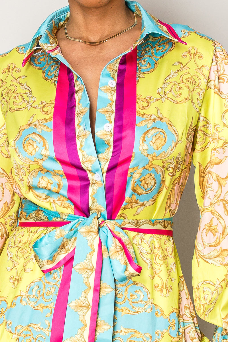 Baroque-Inspired Maxi Shirt Dress with Waist Tie – Regal Yellow & Pink Print for Elegant Escapes