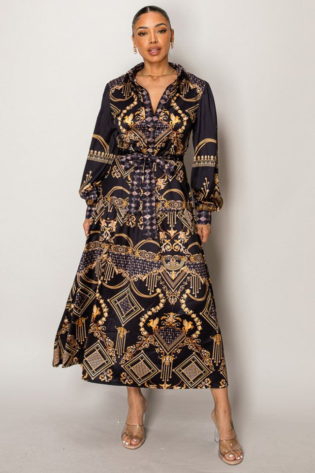 Baroque Chain Print Maxi Shirt Dress – Luxe & Glamorous Resort Wear