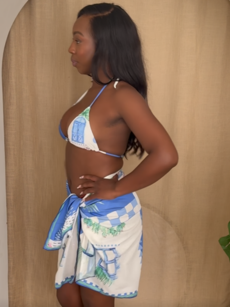 Santorini Breeze Cover up – Blue and White Coastal Print Sarong for Effortless Resort Style
